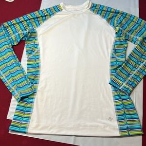 Columbia rash guard swim Shirt XL women White GREEN blue stripes PFG Omni Shade